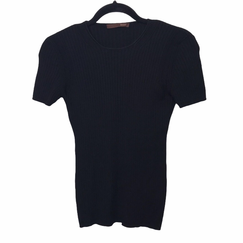 Bally Black Ribbed 100% Wool Short Sleeve T Shirt Tee Sweater